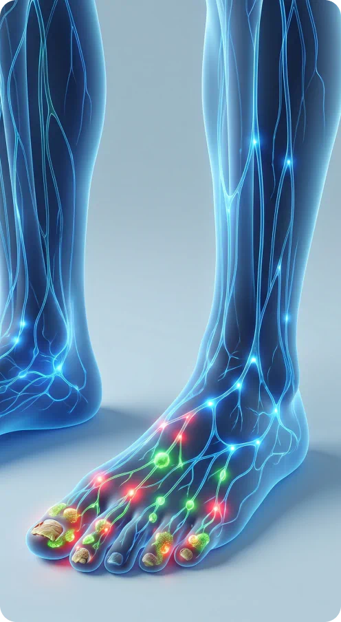 Illustration of feet showing toenail fungus and the body's lymphatic response